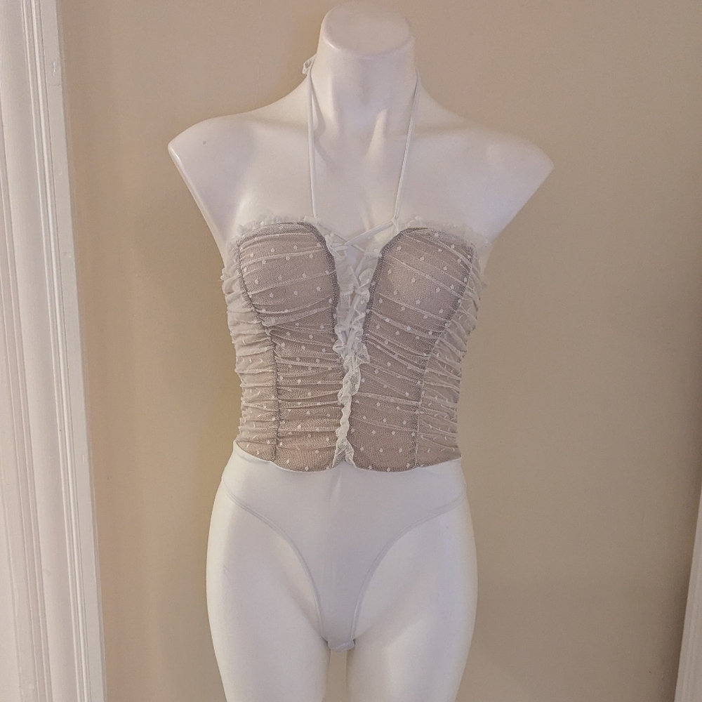 Fashion Nova cream and white slightly sheer bodysuit size L